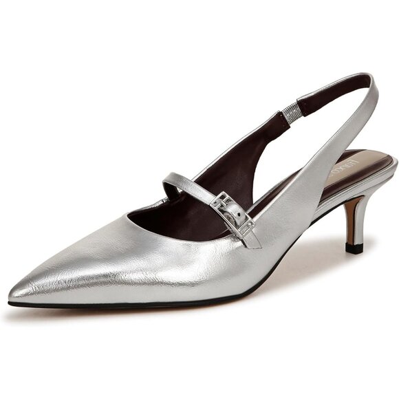 Franco Sarto Women Silver Metallic Khloe Pointed Toe Slingback Kitten Heel Pump - Picture 1 of 7